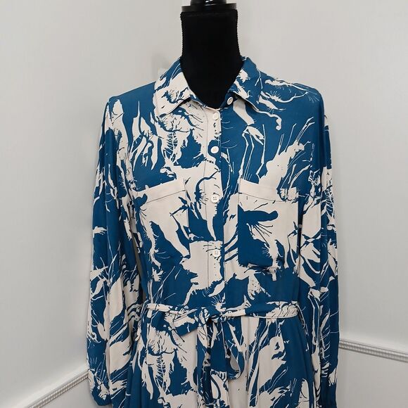 ZARA Women's Printed Shirt Dress With Pockets and Belt Tie Blue /White Sz XL New - Picture 5 of 13